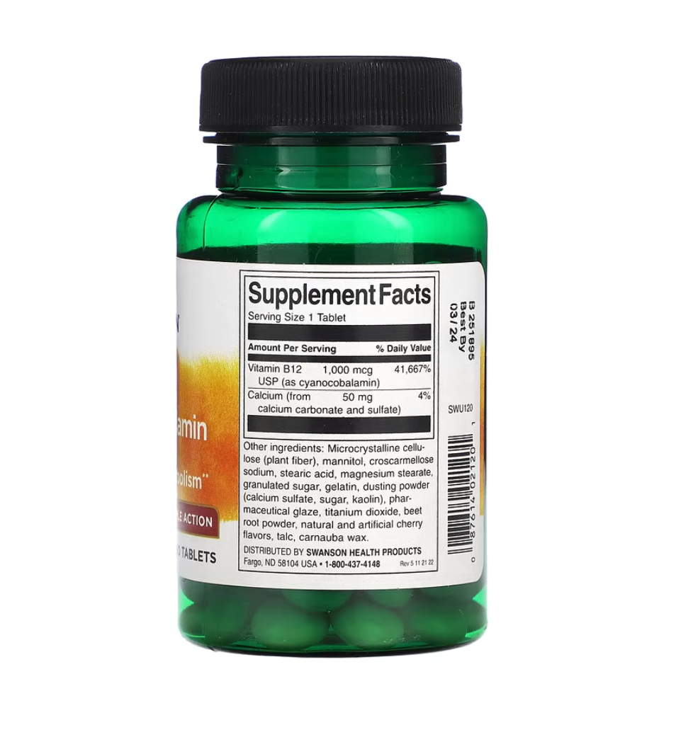 Swanson, Vitamina B12 Cianocobalamina, Triple acción, 500 mcg, 30 comprimidos