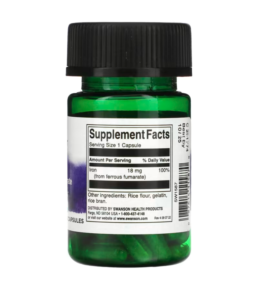 Swanson, Fumarato ferroso de hierro, 18 mg, 60 cápsulas