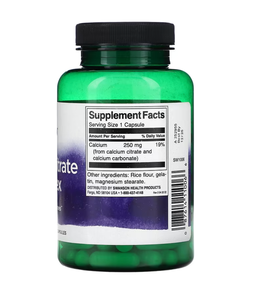 Swanson, Complejo de citrato de calcio, 250 mg, 100 cápsulas